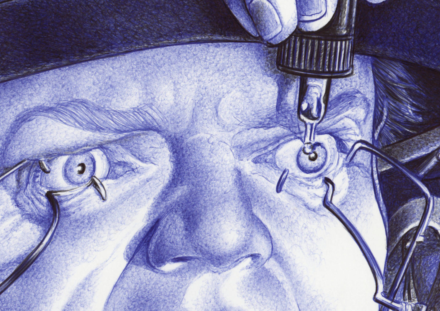 Closeup_illu_ballpen_Horrorshow_2026-03 Horrorshow | Kugelschreiber-Zeichnung Portrait Anthony Burgess | Alexander DeLarge als Malcolm McDowell in Stanley Kubrick's "A Clockwork Orange"