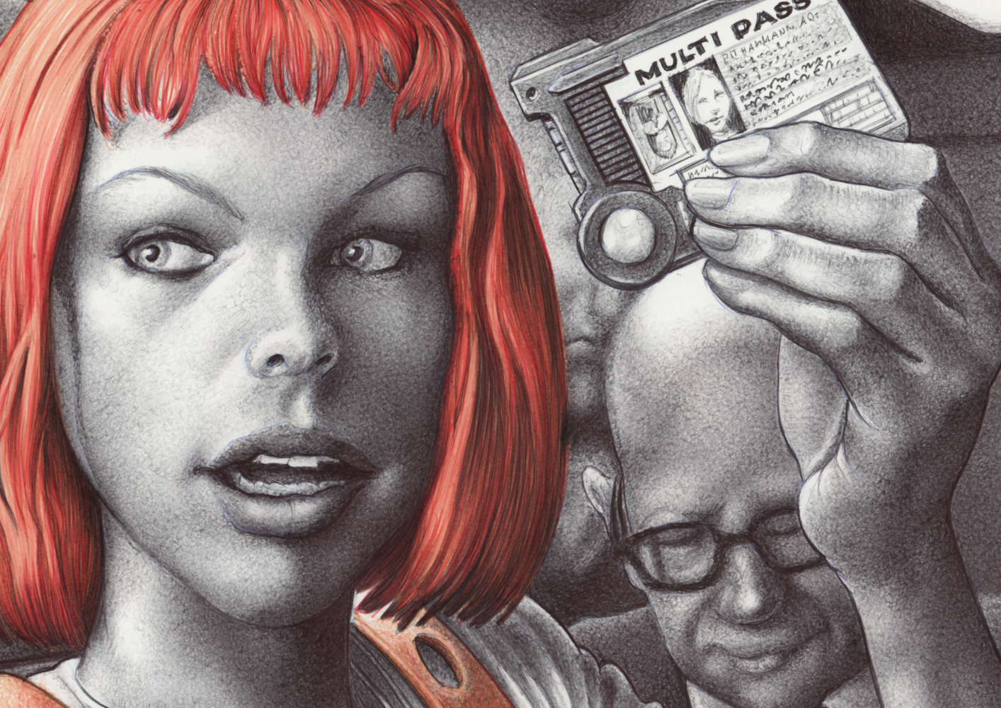 Multipass | Kugelschreiber-Zeichnung Portrait Anthony Burgess | Milla Jojovich als Leeloo Minai Lekatariba-Lamina-Tchai Ekbat De Sebat im FIlm "Das fünfte Element"/ "The Fifth Element,"