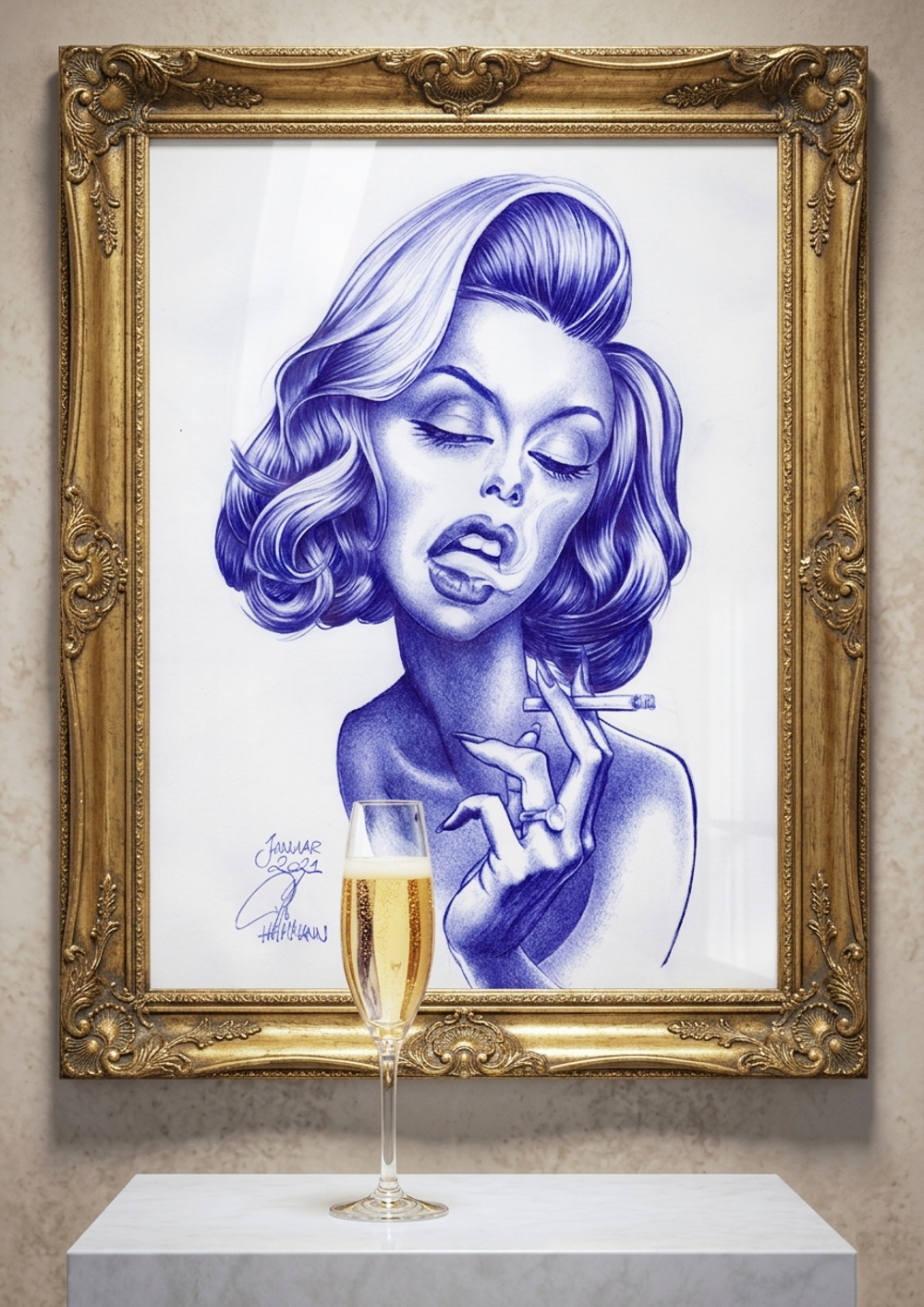 Portrait Kugelschreiber-Zeichnung einer Dame, rauchend/ballpen drawing of a lady smoking