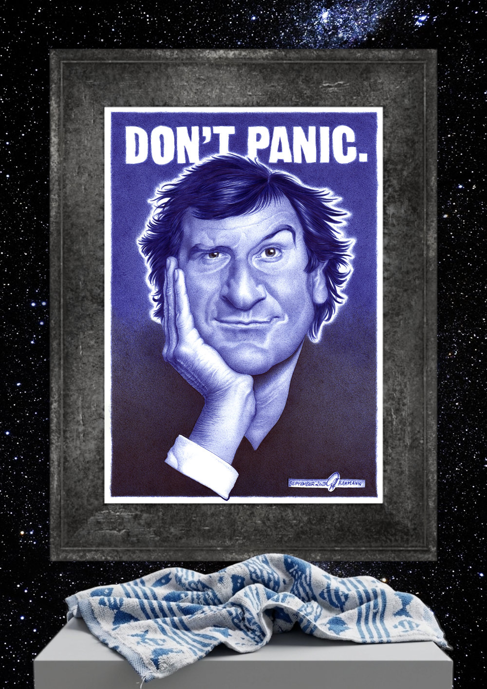 Mockup_illu-ballpen_Douglas_Adams_2025-09 Kugelschreiber-Zeichnung Portrait Douglas Adams | ballpen drawing Douglas Adams