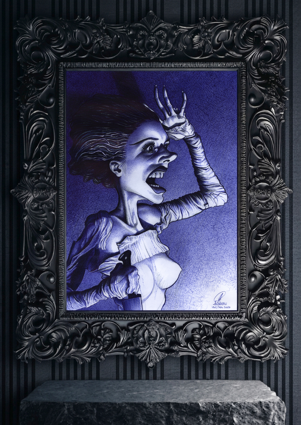 Mockup_illu_ballpen_Frankensteins_Bride_2022-10 Kugelschreiber-/Buntstift-Zeichnung Portrait von Frankensteins Braut ballpen / Colored pencil drawing of Frankenstein‘s Bride