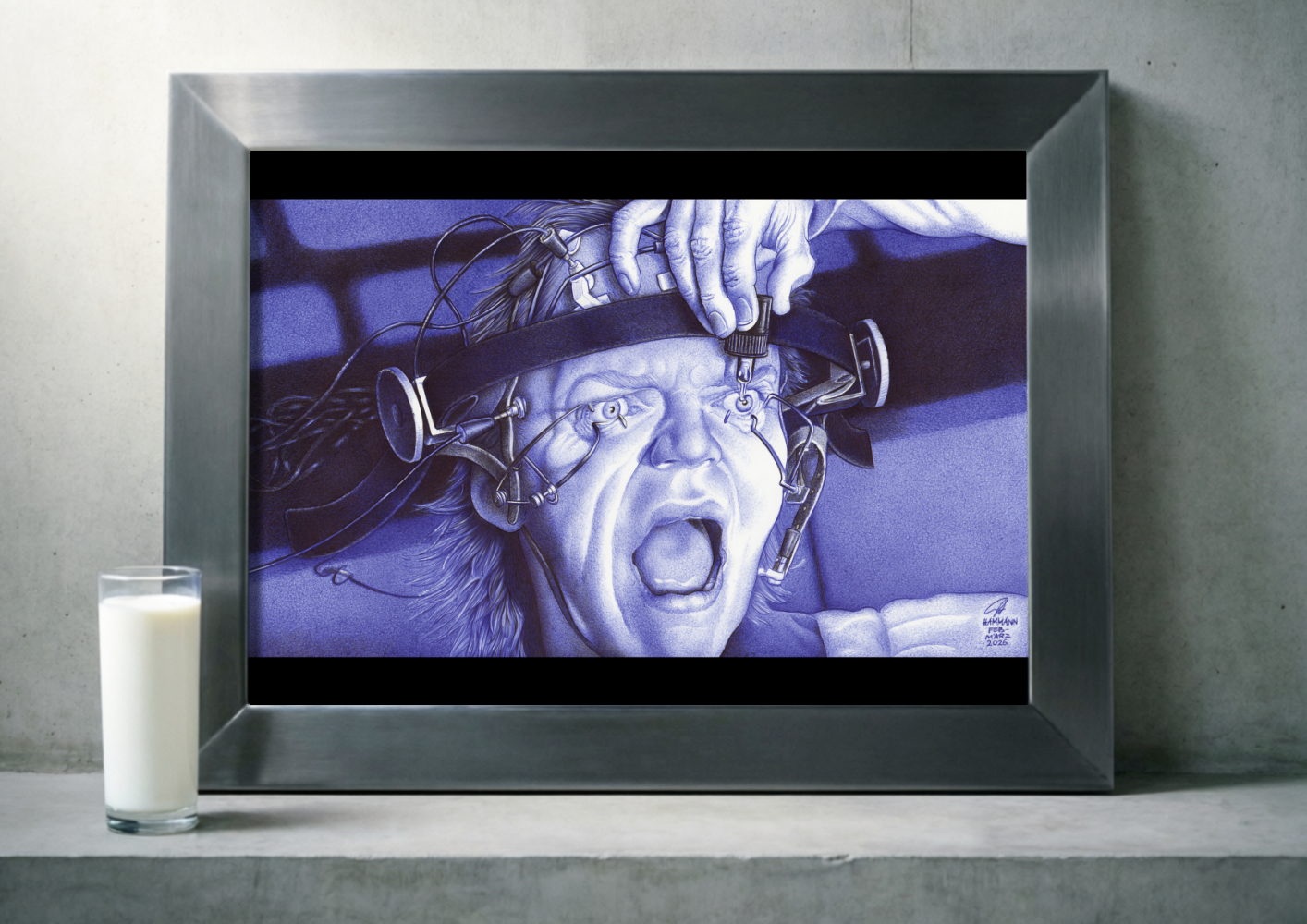 Mockup_illu_ballpen_Horrorshow_2026-03 Horrorshow | Kugelschreiber-Zeichnung Portrait Anthony Burgess | Alexander DeLarge als Malcolm McDowell in Stanley Kubrick's "A Clockwork Orange"