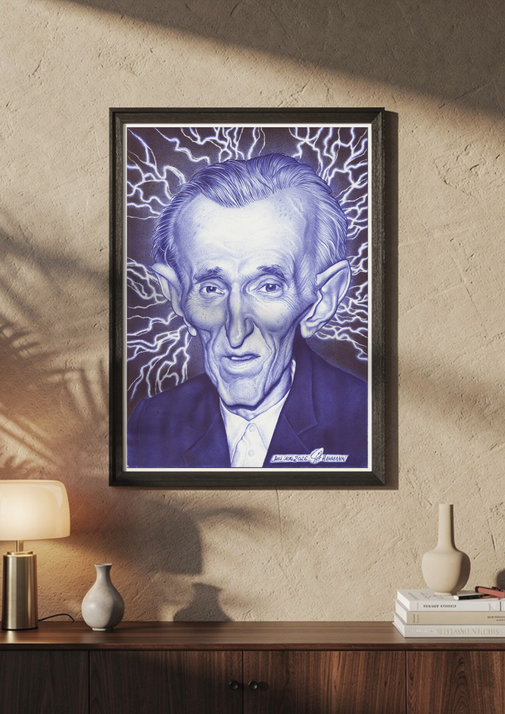 Mockup_illu_ballpen_Tesla_2026-07 Kugelschreiber-Zeichnung Portrait von Nikola Tesla / ballpen drawing of Nikola Tesla