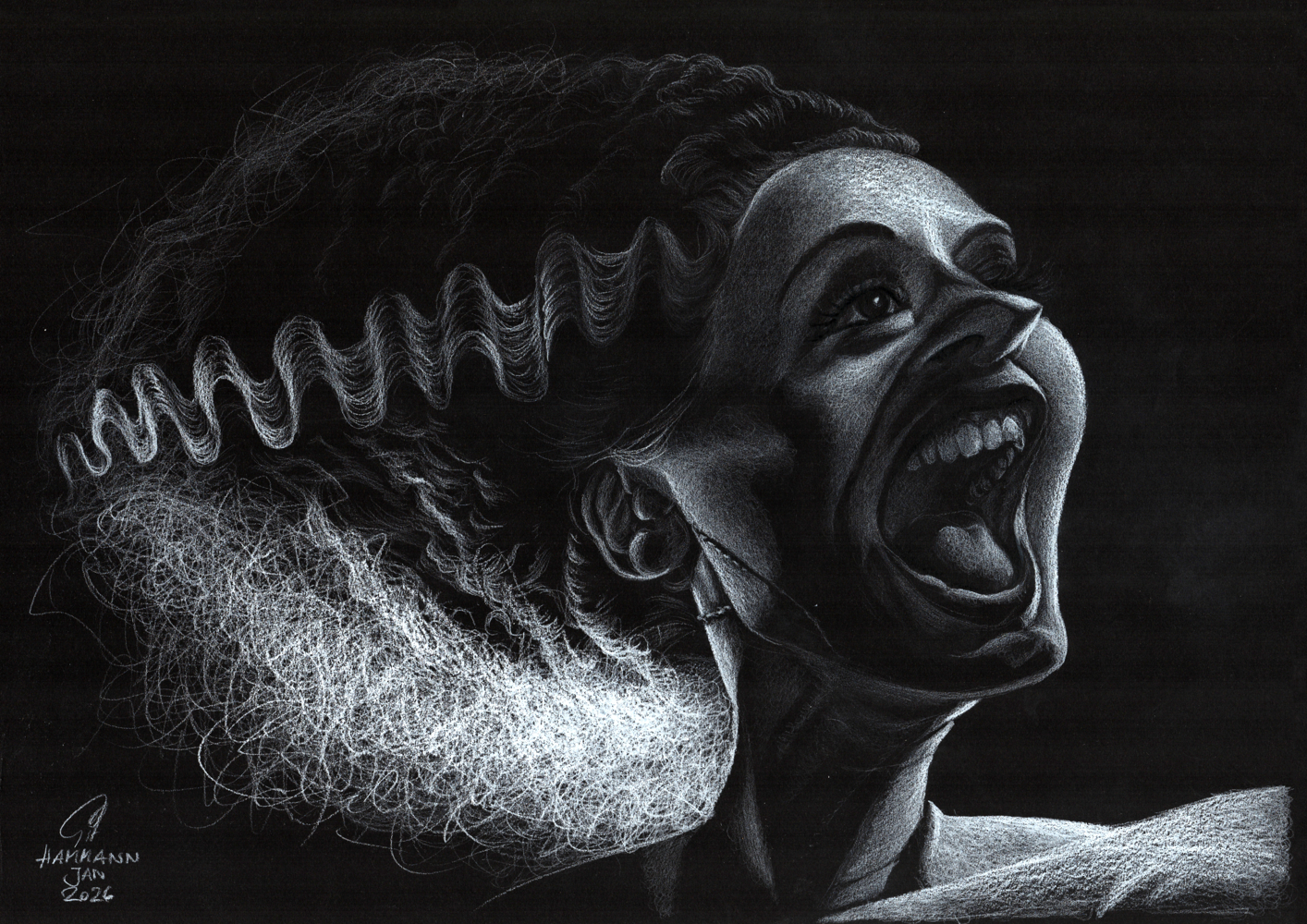 Buntstift-Zeichnung Portrait von Frankensteins Braut Colored pencil drawing of Frankenstein‘s Bride Buntstift-Zeichnung Portrait von Frankensteins Braut Colored pencil drawing of Frankenstein‘s Bride