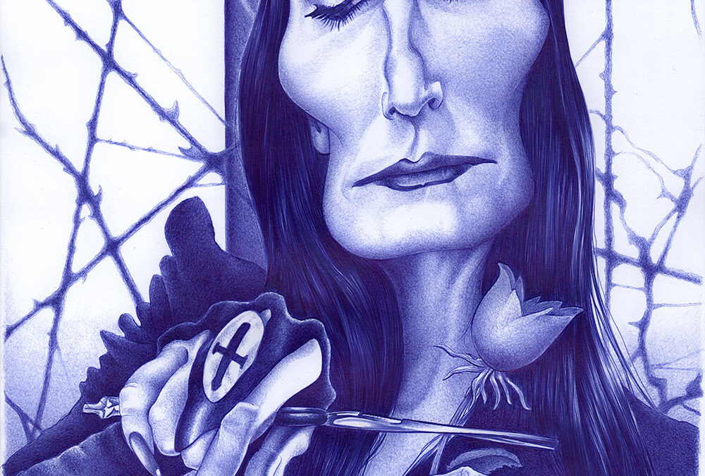 Kugelschreiber-Zeichnung Portrait von Anjelica Huston als Morticia Addams/ballpen drawing of Anjelica Huston as Morticia Addams