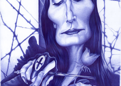 Kugelschreiber-Zeichnung Portrait von Anjelica Huston als Morticia Addams/ballpen drawing of Anjelica Huston as Morticia Addams