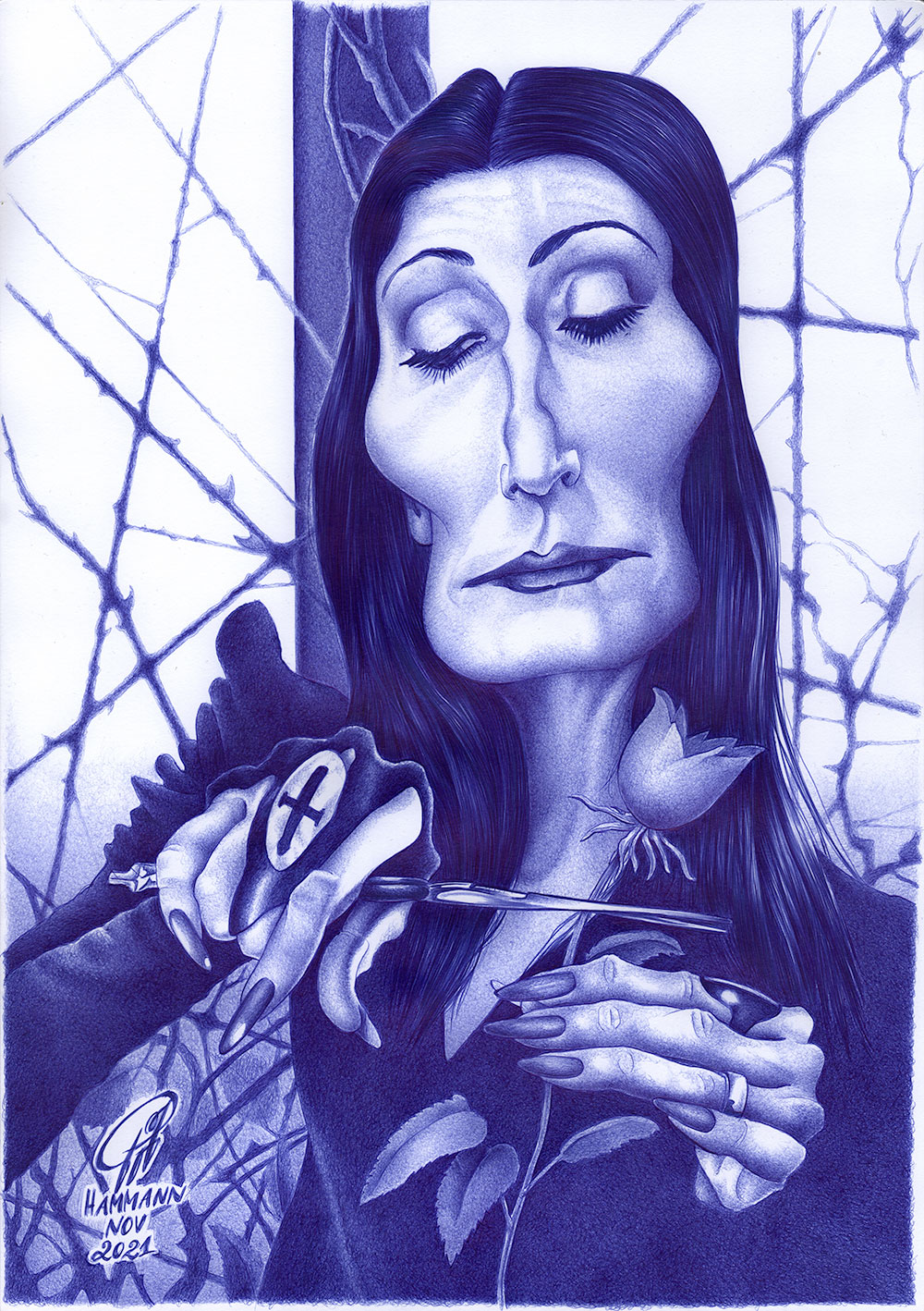 Anjelica Huston/Morticia Addams | Kugelschreiber-Zeichnung | ballpen drawing