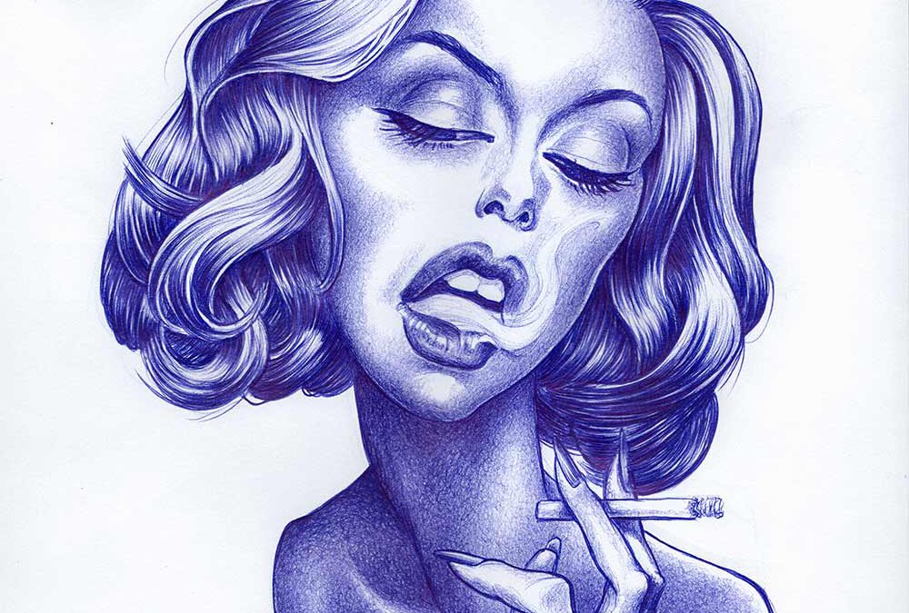 Portrait Kugelschreiber-Zeichnung einer Dame, rauchend/ballpen drawing of a lady smoking