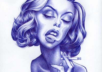 Portrait Kugelschreiber-Zeichnung einer Dame, rauchend/ballpen drawing of a lady smoking