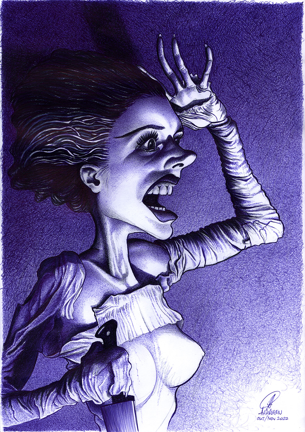 Kugelschreiber-/Buntstift-Zeichnung von Frankensteins Braut ballpen / Colored pencil drawing of Frankenstein‘s Bride