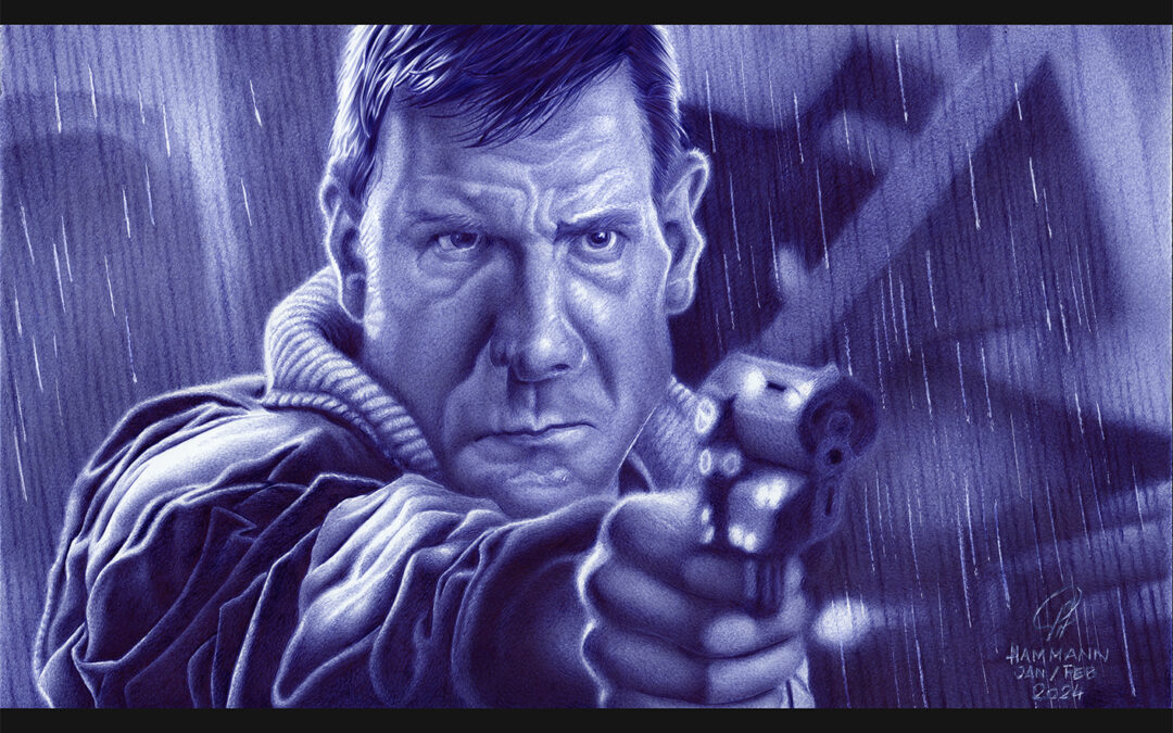 Kugelschreiber-Zeichnung Portrait von Harrison Ford als Rick Deckard/ballpen drawing of Harrison Ford as Rick Deckard