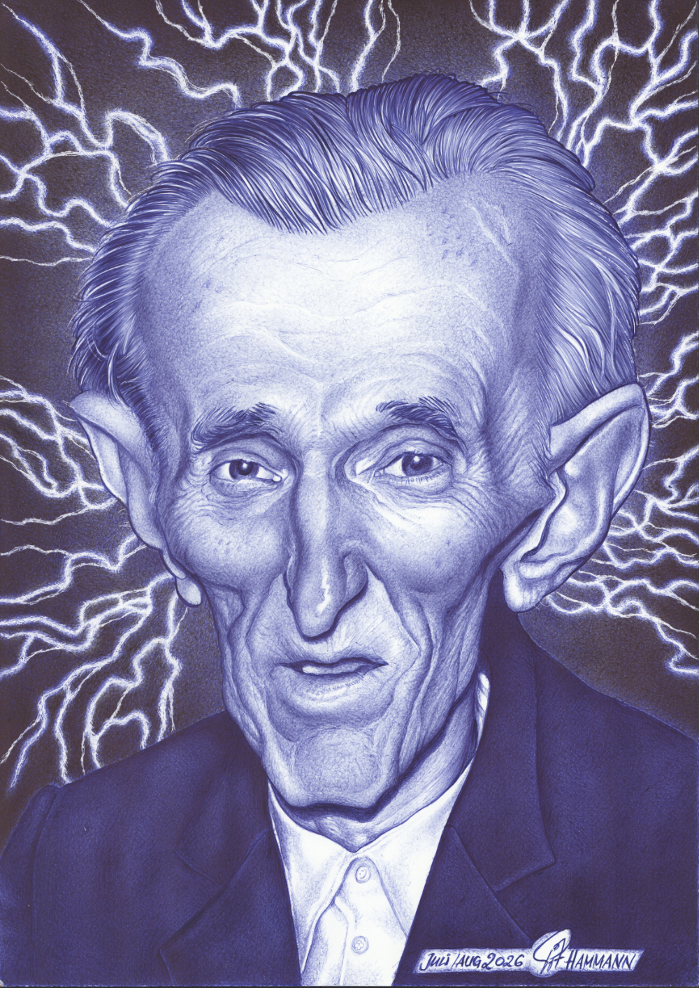 illu_ballpen_Tesla_2026-07 Kugelschreiber-Zeichnung Portrait von Nikola Tesla / ballpen drawing of Nikola Tesla