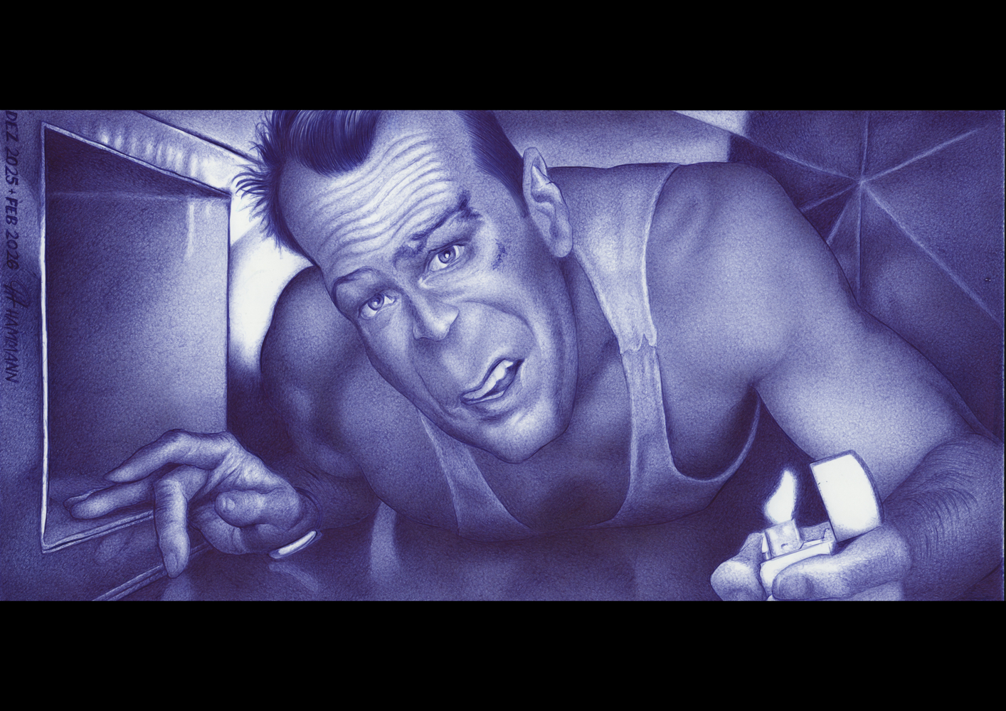 Kugelschreiber-Zeichnung Portrait Bruce Willis als John McClane in "Die Hard" | Ballpoint pen drawing portrait of Bruce Willis als John McClane in "Die Hard"